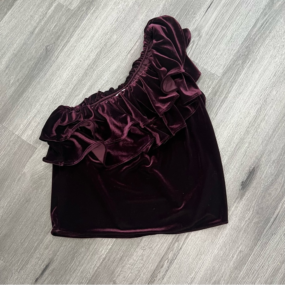 Misa Agus Purple Velvet One Shoulder Ruffle Top XS - Picture 2 of 5
